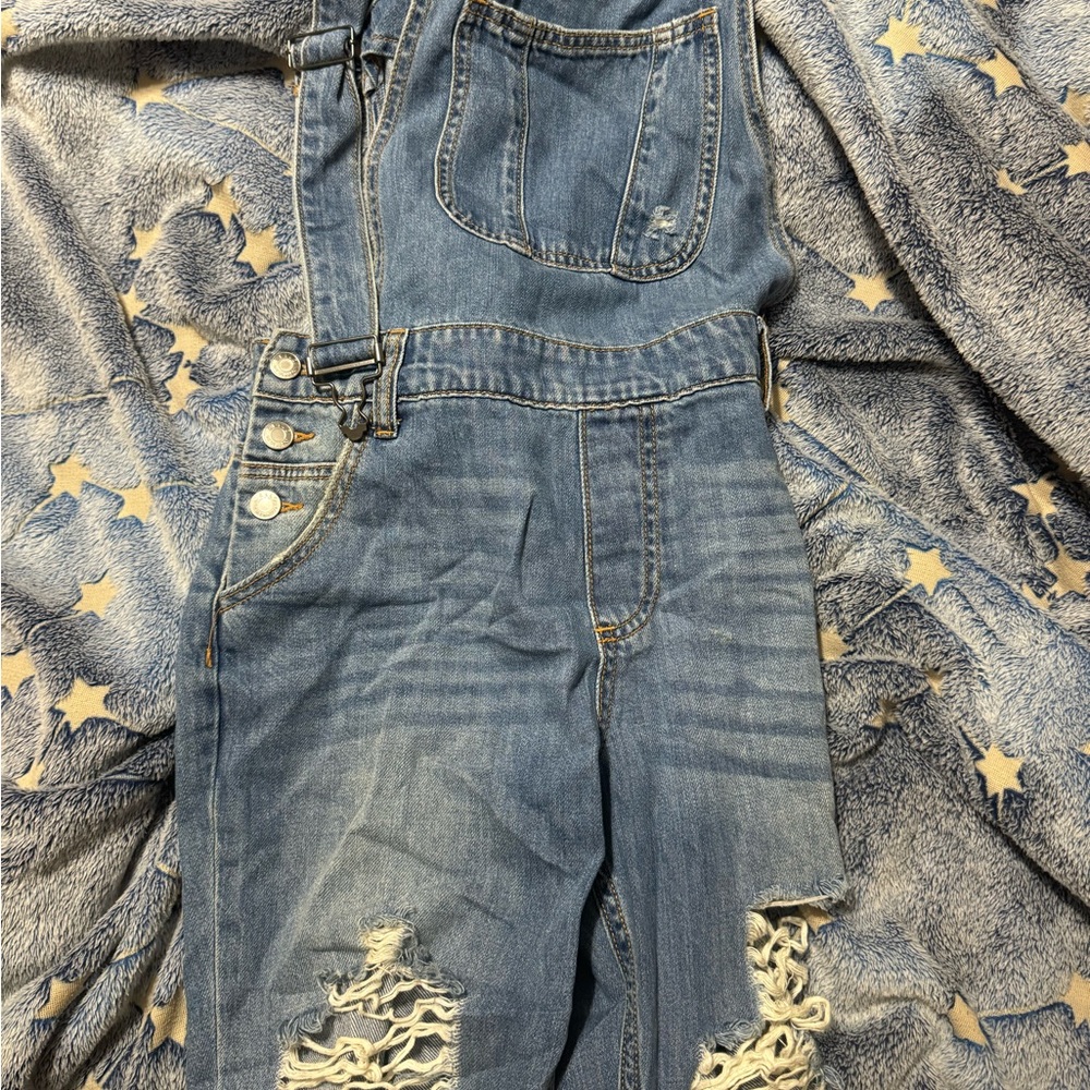 Cello Blue Denim Overalls with Distressed Details